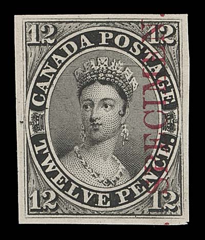 CANADA  3Pi,Plate proof in black on card mounted india paper, vertical SPECIMEN overprint in carmine, bright impression and in pristine condition, XF