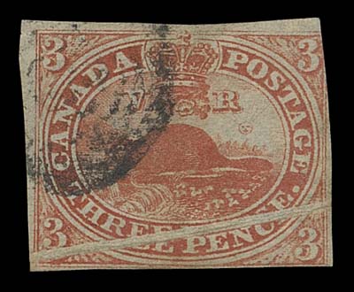 CANADA  4d variety,A striking used example showing a major pre-printing paper fold running diagonally through the THREE PENCE denomination, slightly into outer frameline at foot, still a rare printing variety