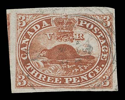 CANADA  4,A choice used example with exceptional colour and sharp impression on fresh white wove paper, full to very large margins showing portion of neighboring stamp at left, light four-ring numeral cancel, XF