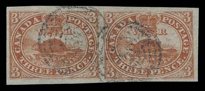 CANADA  4d,A beautiful, large margined pair with great colour, sporting a unusually light concentric rings cancels (many examples of this distinctive printing suffer from overinking of the cancelling device), XF and choice