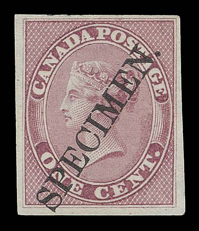 CANADA  14Pii,Plate proof single in rose, colour of issue, on india paper with the elusive diagonal SPECIMEN overprint in black, much scarcer than catalogue values indicate, VF