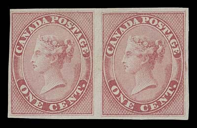 CANADA  14a,A mint imperforate pair, clear at top left to full margins and ungummed as issued; a scarce imperforate from the only one sheet printed, F-VF