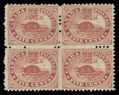 CANADA  15c,A well centered unused block of four in the distinctive shade associated with very early printings, irregular perforations at left with some uncleared perf discs, a very scarce block, VF; Bertram Collection (February 1959; Lot 505), "Carrington" (June 2002; Lot 3306)