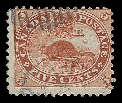CANADA  15v,A nice used example of the Major Re-entry (Position 28; State 10), displaying exceptional doubling throughout the design, especially visible on the left side, light duplex datestamp, Fine, the most sought-after variety on this stamp.