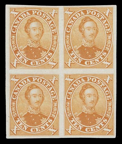 CANADA  16TCii,A scarce trial colour plate proof block of four printed in orange yellow on india paper, bright vivid colour, VF