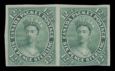 CANADA  18b,An attractive imperforate pair with exceptional colour, ungummed as issued, barely touching frame at lower right but otherwise clear to large margins; faint crease, a scarce pair originating from the sole sheet of 100 printed, Fine (Unitrade cat. $4,000)