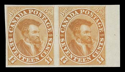 CANADA  19TCii,Trial colour plate proof pair, printed in orange yellow on india paper, sheet margin at right, VF