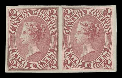CANADA  20b,A superb mint imperforate pair, ungummed as issued, nicely margined which is rarely seen with these, VF; from the sole sheet of 100 stamps.