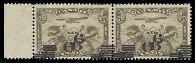 CANADA  C3c,Left sheet margin mint horizontal pair of the dramatic triple surcharge error, small portion of obliterating bar of overprint visible on some perforations at top, rare, VF LH