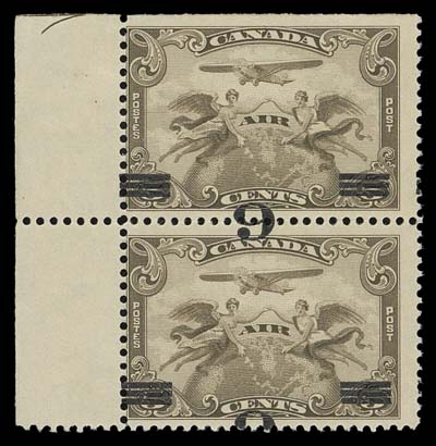 CANADA  C3a,Top left mint vertical pair of the inverted surcharge error, lightly hinged in selvedge only, stamps are NH, Fine