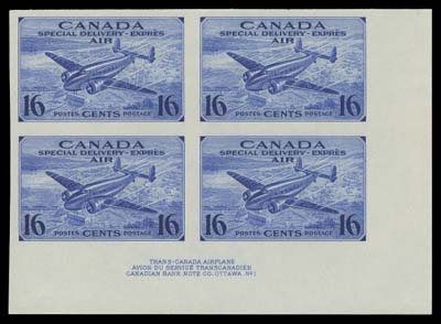 CANADA  CE1a,An impressive mint imperforate Plate 1 lower right block, tiny gum thin mentioned for the record. A wonderful block in otherwise fresh and choice condition; extremely rare as only one similar positional plate block exist, VF LH