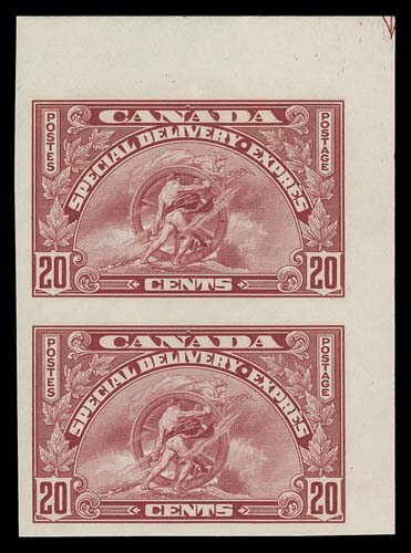 CANADA  E6a,Imperforate mint corner margin pair showing portion of arrow guide at UR, light hinging in selvedge only leaving the pair VF NH