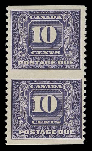 CANADA  J10a,The elusive mint vertical pair imperforate horizontally, remarkably well centered for this error which is almost always found badly off-center; bright fresh colour and full pristine original gum; one of the very finest pairs that exists, VF+ NH
