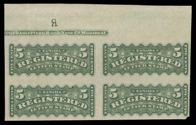 CANADA  F2c,Mint imperforate block of four showing near complete BABN imprint and reversed "R" (indicating plate had been re-entered), small nick at bottom right, natural gum skip on left pair, LH in selvedge leaving all stamps NH. A very scarce block, F-VF (Unitrade cat. $4,350 as two pairs) ex. "Scenic" Collection (Sam Nickle) (November 1982; Lot 2535)