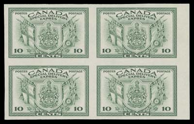 CANADA  E10a,A premium quality mint imperforate block of four with sheet margin at right, exceptionally fresh with full unblemished original gum; a rare block, XF NH