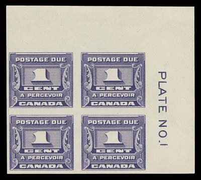CANADA  J11a,A fabulous mint imperforate Plate 1 upper right corner block of four, brilliant fresh colour, showing the faintest trace of hinging in the selvedge only. Exceedingly rare - perhaps one other exists (possibly from a different position), XF VLH