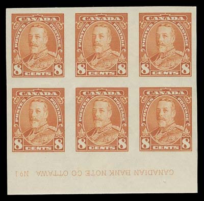 CANADA  222a,Mint imperforate Plate 1 lower margin block of six, brilliant fresh with full white original gum. Very rare -- only two other imperforate plate blocks (likely from a different position) can exist, VF+ NH