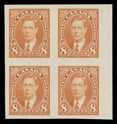 CANADA  231c-236a,A mint set of six imperforate blocks of four; 4 cent has light gum disturbance on two stamps, otherwise all in pristine condition, VF-XF NH