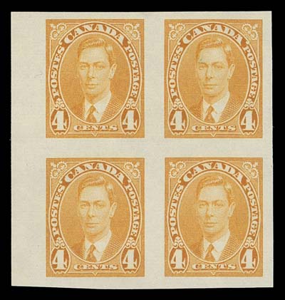 CANADA  231c-236a,A mint set of six imperforate blocks of four; 4 cent has light gum disturbance on two stamps, otherwise all in pristine condition, VF-XF NH