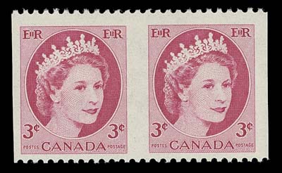CANADA  339a,A fresh mint horizontal pair imperforate vertically in error, characteristic centering from the unique sheet (maximum of 50 pairs can exist), light printing ink offset on gum side. An appealing early Elizabethan error, F-VF NH