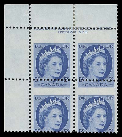 CANADA  341 variety,Upper left Plate 8 block with a dramatic vertical perforation  shift (5mm up), top pair nearly capturing the full imprint, small marginal corner crease and hinge support at top. An appealing  item for a specialised Wilding collection, Mint OG / NH