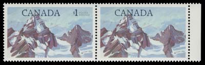 CANADA  934 variety,Right margin mint pair showing a major shift of the engraved inscriptions (16mm left), left stamp with CANADA $1 (instead of $1 CANADA) and right stamp missing the denomination with only "CANADA" inscription, scarce and striking, VF NH