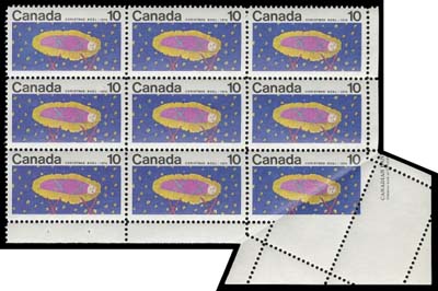 CANADA  529 variety,A mint corner block of nine with a spectacular "Fold-Over" error that occurred prior to  perforating and guillotining; couple minor gum thins. A dramatic error - portions of five "blank" stamps and imprint show as a result. A wonderful, one-of-a-kind item that will stand out in anyone