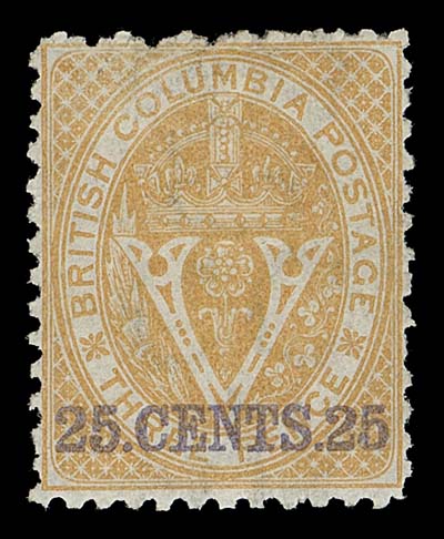 BRITISH COLUMBIA  16,A nice mint single with superior centering, characteristic uncleared perf discs at top and large part OG, VF