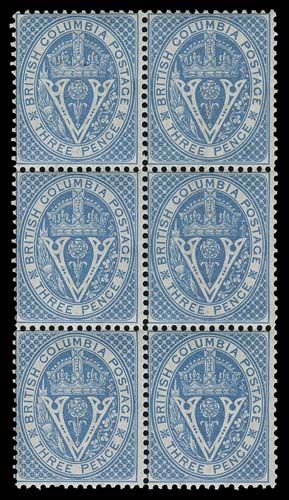 BRITISH COLUMBIA  7,A choice mint block of six, exceptionally fresh and possessing full, dull streaky original gum, NEVER HINGED. A rare block to find in an excellent state of preservation, Fine+ NH (Unitrade cat. as hinged)