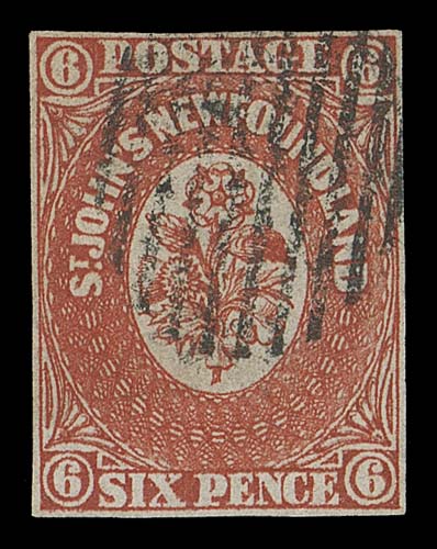 NEWFOUNDLAND  6,A scarce used example with small even margins, rich colour and neat barred cancellation; faint soiling on reverse only, a key stamp devoid of the usual flaws that plague this issue, Fine; 2020 Greene Foundation cert.