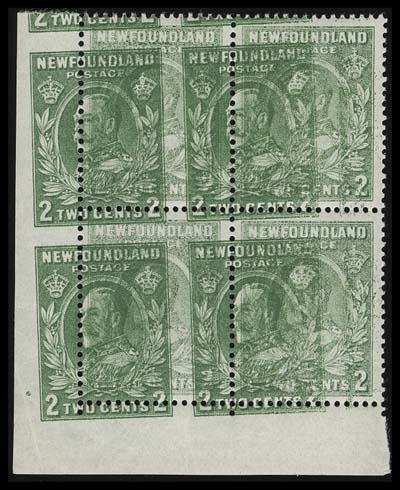 NEWFOUNDLAND  186iv,An extraordinary mint corner block showing a most dramatic double print error, the second image is descending and shifted into the  left margin. The first block of this printing error we recall  offering, VF NH; ex. Robert H. Pratt (as a block of eight)
