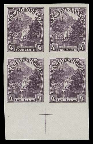 NEWFOUNDLAND  134a,Lower margin imperforate block showing centre of sheet cross guideline, ungummed as issued, VF