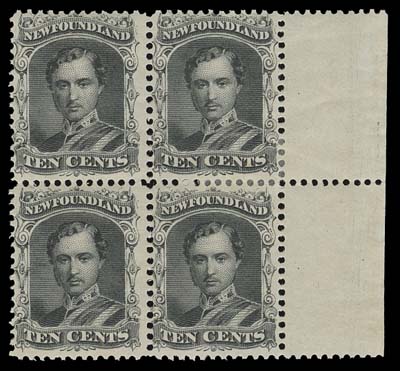 NEWFOUNDLAND  27,A selected and appealing mint block of four with sheet margin at right, quite well centered for this challenging stamp and possessing unusually full original gum, hinged on right pair and left pair NEVER HINGED. One of the nicer blocks one can hope to find, F-VF