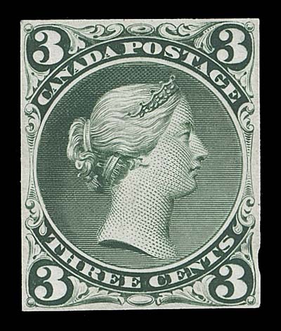 CANADA  A striking engraved die essay (stamp size), printed in dark blue  green on india paper, the lower corner numerals and "THREE CENTS" imprint are in a different format than the issued stamp; trivial mounting marks of no importance for this very rare Large Queen  essay, Fine. After thorough research, we were able to find only  two other examples, both with similar small margins. (Minuse &  Pratt 25E-Ba) ex. "Victoria" Collection of Canada (Danam, July 1981; Lot 51)