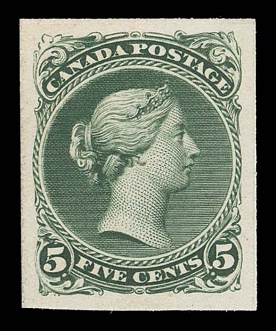 CANADA  26,A superb trial colour plate proof with large even margin, printed in dark green on card .0014" thick, XF