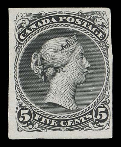CANADA  26,An engraved stamp size, trial colour Die Proof printed in black on india paper,  small to large margins and displaying a lovely clear impression; exceedingly rare and ideal for exhibition, VFThis die was prepared in 1868 along with the other denominations. The stamps were released October 1st, 1875, a provisional issue for the newly reduced rate to the UK.