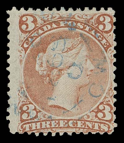 CANADA  33,A scarce used single in sound condition, displaying the distinctive shade and impression and with an appealing, light 1868 datestamp IN BLUE, Fine