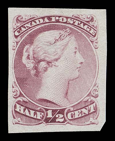 CANADA  21,An engraved trial colour stamp size die proof printed in dull claret on india paper,  light natural india thinning of no consequence, an extremely rare coloured die proof, F-VFAfter extensive research we were able to find one other die proof in this colour, from the S.J. Menich Large Queen sale (February 1997; Lot 784), also on india paper with larger margins.