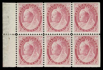 CANADA  77b,A quite well centered mint booklet pane of six with intact tab margin at left, printed on the characteristic horizontal mesh paper; natural disturbance confined to tab margin only which occurred during the binding process, stamps with pristine original gum, much nicer than normally encountered, F-VF NH