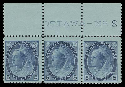 CANADA  79,A bright fresh mint Plate 2 strip of three showing the full imprint with reversed plate number, not easy to find, Fine+ NH