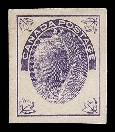 CANADA  66,Progressive Engraved Die Proof - the Master Die printed in violet on thick card, showing the completed central vignette and the top half of the oval frame with "CANADA POSTAGE" imprint. A superb item and a cornerstone for a serious collection of this issue, VF; ex. BNA Essays, Proofs Sale, Robson Limited, June 1963; Lot 151AN EXCEEDINGLY RARE MASTER DIE USED FOR ALL VALUES OF THE MAPLE LEAF ISSUE. WE ARE AWARE OF ONLY ONE OTHER EXAMPLE, ALSO IN VIOLET AND OF SIMILAR SIZE.