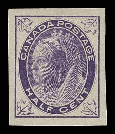 CANADA  66,Progressive Engraved Die Proof printed in violet on card, showing completed central vignette and oval frame with "HALF CENT" denomination now complete and a thin line surrounding the central ovals added. A superb early stage progressive proof, outstanding in all respects and extremely rare, VF; ex. BNA Essays, Proofs Sale, Robson Lowe Limited, June 1963; Lot 152A FABULOUS UNFINISHED DIE PROOF - AN EARLY STAGE OF THE ISSUED  DESIGN. ONLY TWO OTHER SIMILAR EXAMPLES OF THIS PROOF ARE KNOWN  TO US.