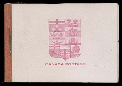 CANADA  BK1,Complete booklet with red binding tape under staple, containing all information rate pages, interleaves and two 2c carmine, Die II Numeral panes of six on the distinctive horizontal mesh paper, one pane fine centered and other well centered, both NEVER HINGED; the booklet covers are in an excellent state of preservation and the overall quality of the booklet is well-above what we are accustomed to seeing, F-VF