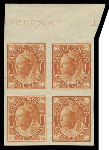 CANADA  72a,An impressive mint imperforate plate block showing the entire "OTTAWA - No - 1" imprint at top, printed on the distinctive horizontal mesh paper, deep rich colour, tiny natural inclusion near edge at top left of no importance, lightly hinged in selvedge only leaving stamps NH, Very FineAccording to Jephcott and Gates estimates on imperforate issues of the Leaf series, three panes of 100 on vertical (or horizontal) mesh paper were printed for the Eight cent. The plate imprint only shows once per sheet (above Positions 5 & 6) so a mere three imprint blocks can exist.AN EXCEEDINGLY RARE IMPERFORATE PLATE IMPRINT BLOCK OF THE EIGHT CENT LEAF, DESTINED FOR A WORLD-CLASS COLLECTION.