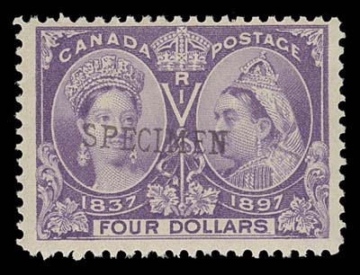 CANADA  59-65,The set of seven SPECIMEN handstamp overprints; 50c to $3 in mixed condition but the $4 and $5 are exceptionally nice never hinged examples (Cat. $3,400 as Fine)