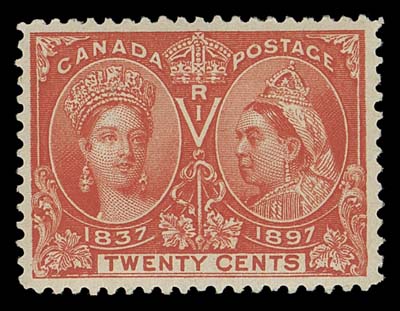 CANADA  59v,A nicely centered mint single with deep colour, showing the Re-entry (Position 37) with visible marks in "POS" of "POSTAGE", faint gum bend. A very scarce variety, VF NH