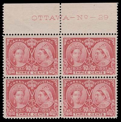 CANADA  53,An unusually choice mint Plate 29 block of four, LH in ungummed part of selvedge, stamps with pristine original gum, VF+ NH