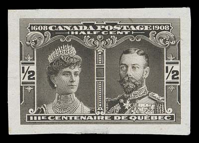 CANADA  96, 103,Two stamp size trial colour die proofs in brownish black on india paper; half cent has small shallow thin in margin only. A rare duo, VF