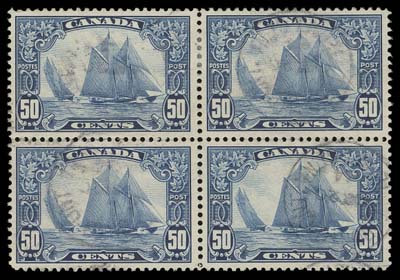 CANADA  158iii,A well centered used block showing the sought-after "Man on the Mast" (Plate 2; Position 58) at upper left; a few separated perfs, lightly cancelled with Toronto Ont. Stn A CDS postmarks. A very scarce  block with superior centering, VF+