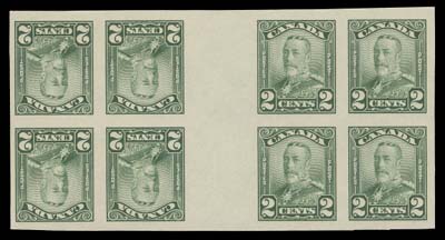 CANADA  149civ, 150civ, 153civ,The set of three imperforate tête-bêche blocks of eight, wide 17mm vertical gutters between blocks and narrow 3mm horizontal gutters between rows; one cent with tiny natural inclusion. A beautiful set with bright colours, VF NH (Unitrade cat. as blocks of four)